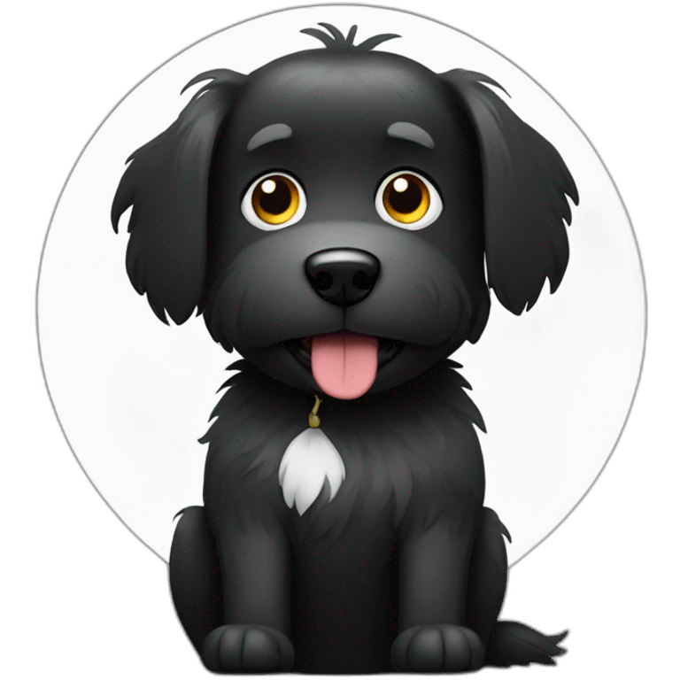 Sitting Hairy Black dog with white circle with more hair in face emoji