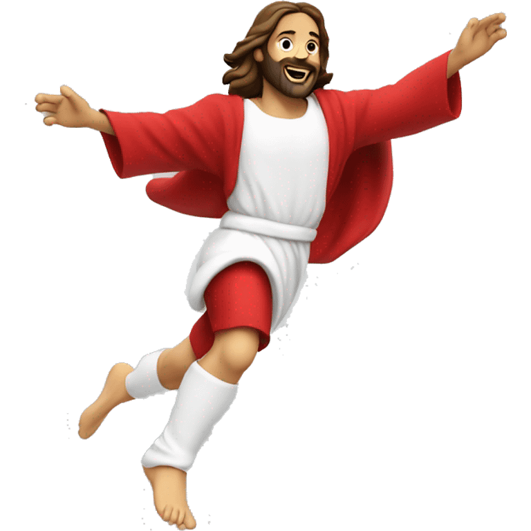 Jesus sprinting, with a large stride and arms outstretched, in a red santa costume emoji