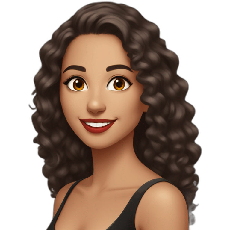 young moroccan woman with dark brown eyes, brown long curling hair with lighter tips, red lips, big smile, cleavage black dress emoji