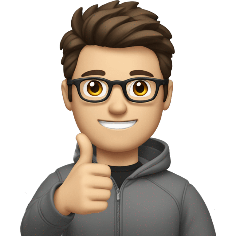 a man with short brown hair, quiff, beard and black round glasses, dark brown eyes, wearing a gray sweatshirt and a professional camera, giving a thumbs up emoji