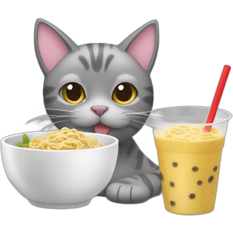 grey cat eating noodles next to bubble tea emoji