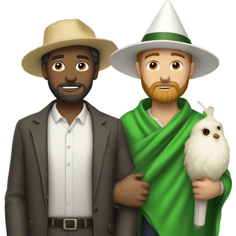 A single Guy with a green blanket, a white barbe with a butterfly catcher and a white cone-shaped hat emoji