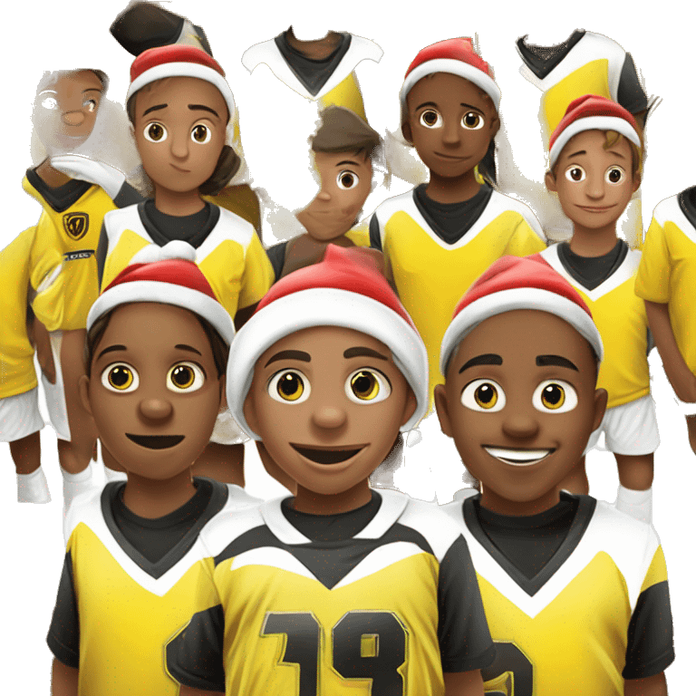 9 year old kids soccer team called the silent knights, put a soccer ball with a Santa hat on the front of the jersey. All of the kids are yellow emoji