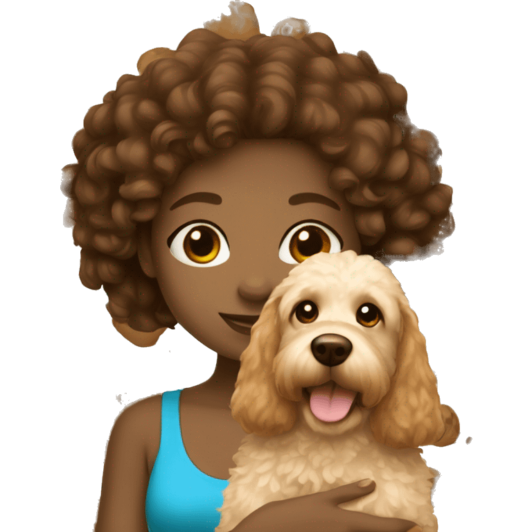 Light skinned brown girl with brown hair and brown eyes holding a light golden doodle dog emoji