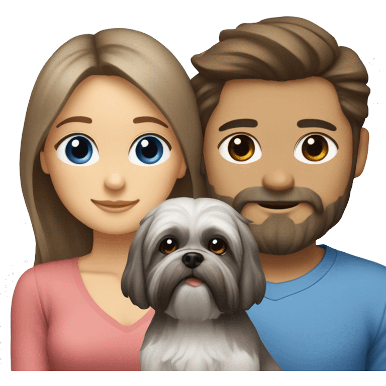 Couple with grey shih tzu dog: girl with blue eyes and boy with brown eyes and beard emoji