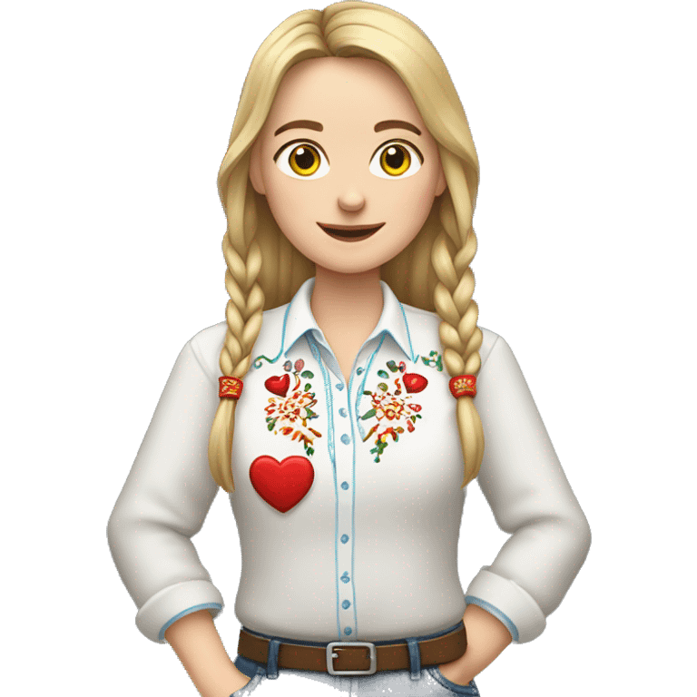 A Ukrainian teacher in an embroidered shirt holds a heart in her hands emoji