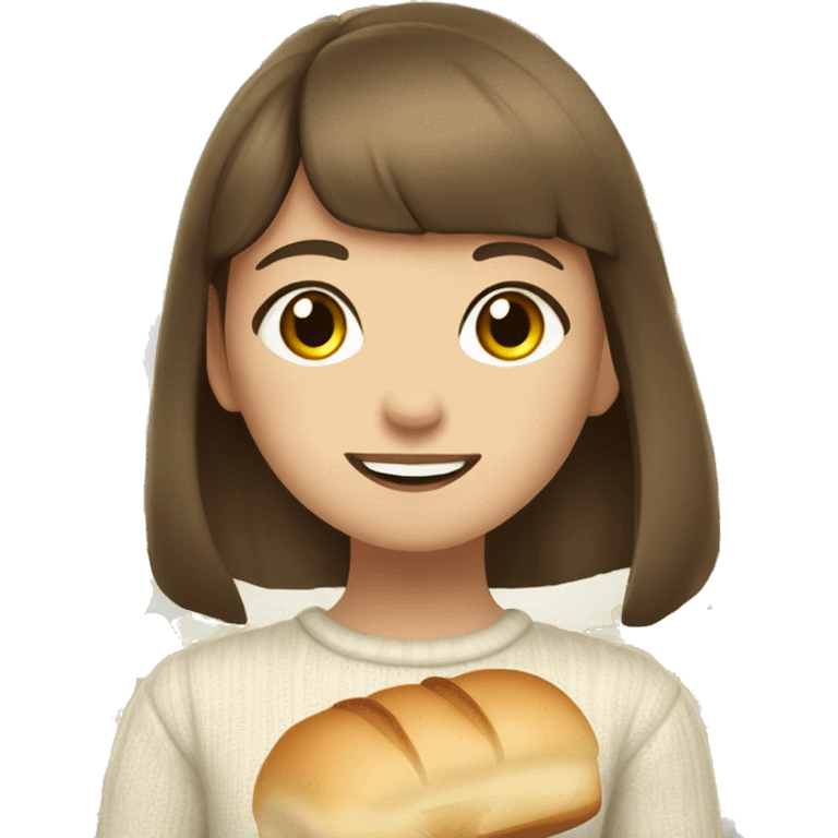 “A young girl with brown hair and short bangs, wearing a light sweater with yellow flowers. She’s holding a piece of bread and smiling softly.”  emoji