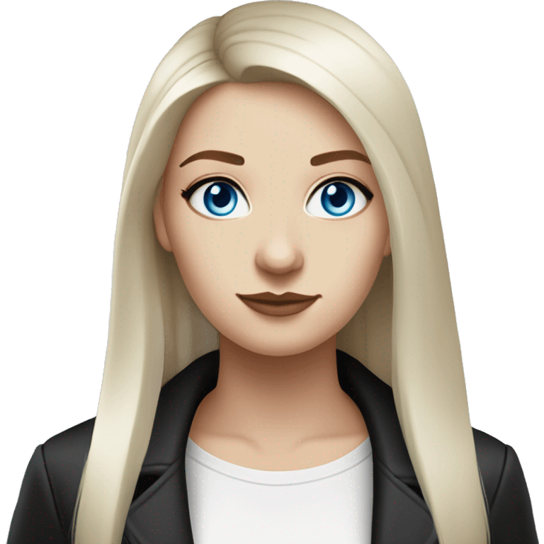 Slavic woman with blue eyes, fair skin, straight gradient medium length hair, goth eyes makeup, dressed in white T-shirt and office black jacket. emoji