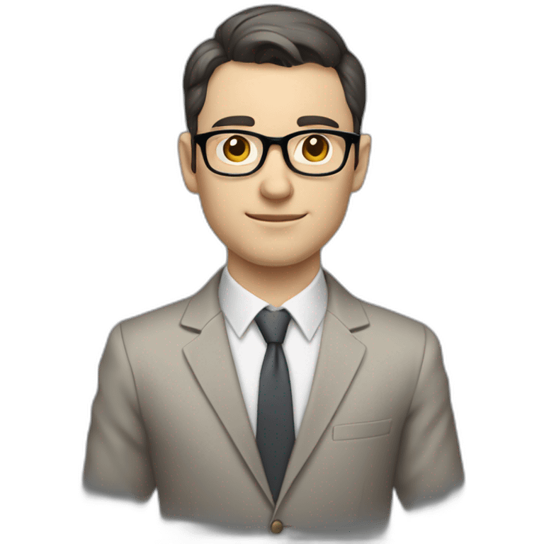 Full height Pale skinned Fit Man With dark brown hair in classic gray suit, beige office shirt, dark gray tie, and vintage glasses. His right hand is directed up emoji