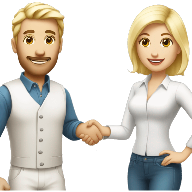 adult restaurant owner with white skin and blogger with white skin and blonde hair shaking hands in full height emoji