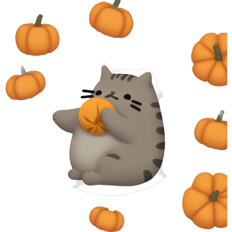 Pusheen eating a pumpkin with his friends emoji