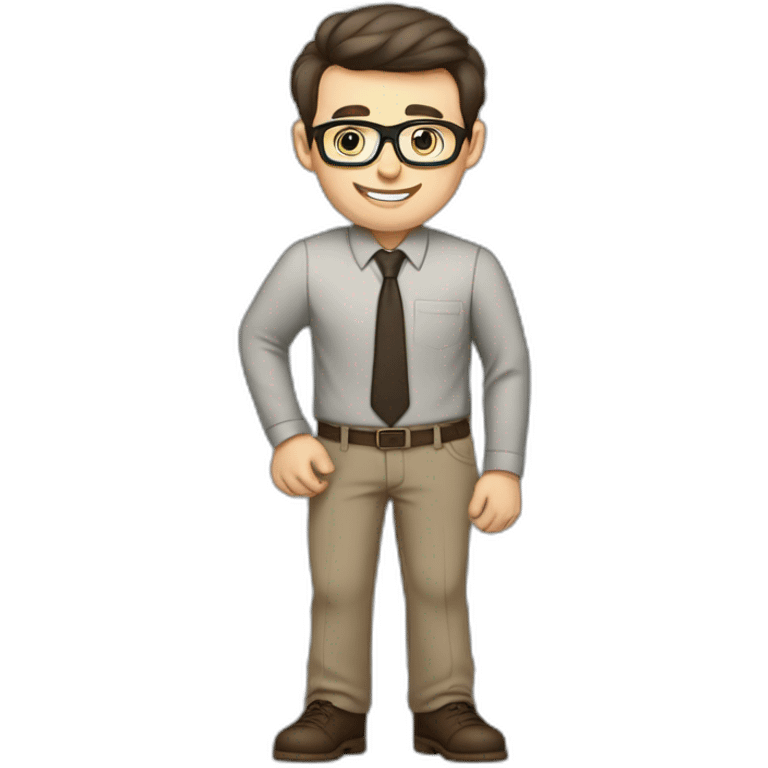 Pale skinned fit man with dark brown hair in gray jacket, beige office shirt, brown tie, brown pants and vintage glasses Writing on the marker board emoji