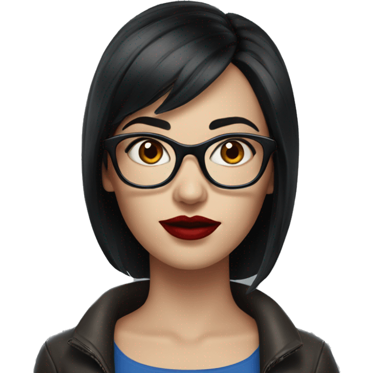 a woman with blue eyes and dark short hair realism with glasses with red lips emoji