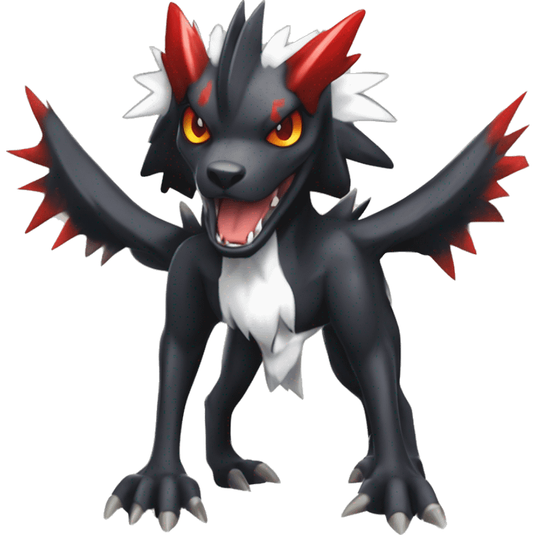 Black Cool Edgy Absol-Houndoom-Garchomp-Luxray Fakémon Digimon with Red and white Edgy markings, full body, outlined emoji