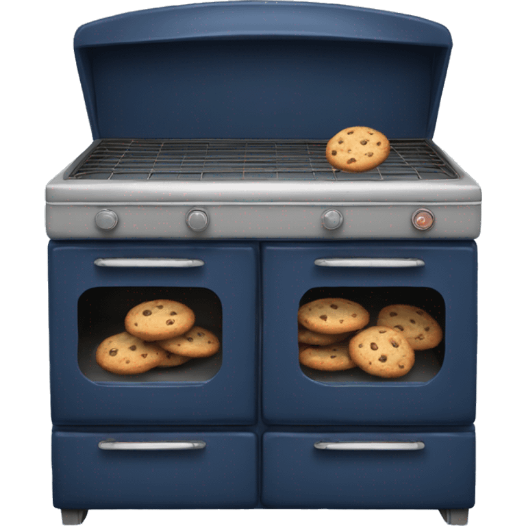 Realistic vintage  navy blue oven with cookies baking inside of it. emoji