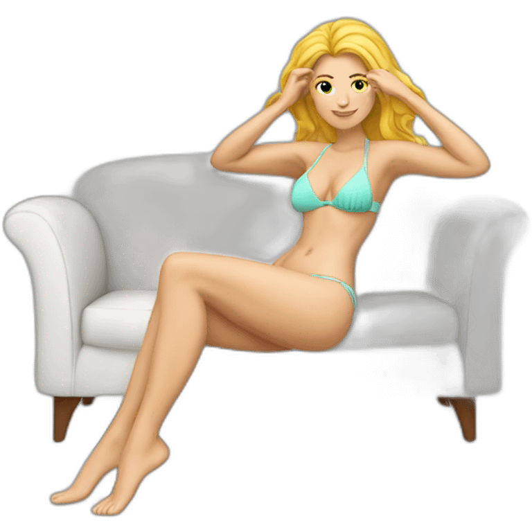 Sexy pose Soft-fit Caucasian woman bikini (hands-in-hair pose) (full body) couch emoji