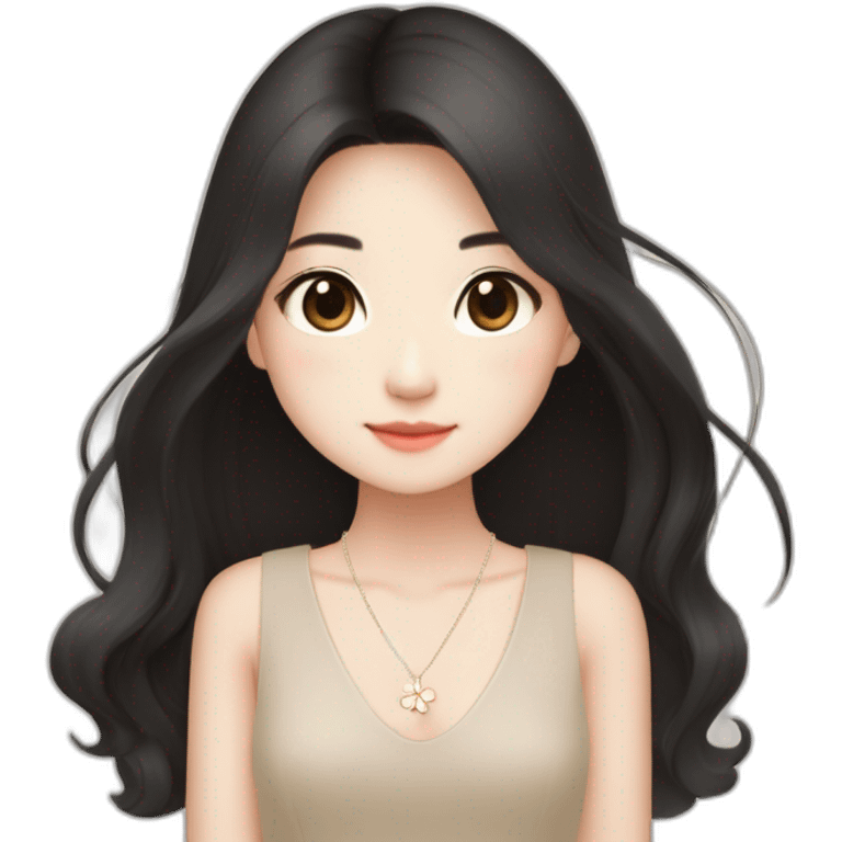 cute singaporean-chinese girl in Muji beige dress with straight long black hair and van cleef clover necklace emoji