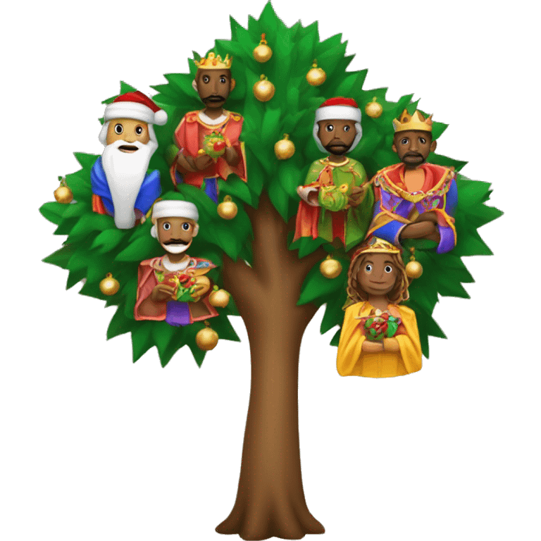 Los Tres Reyes Magos posando en un árbol de Navidad emoji