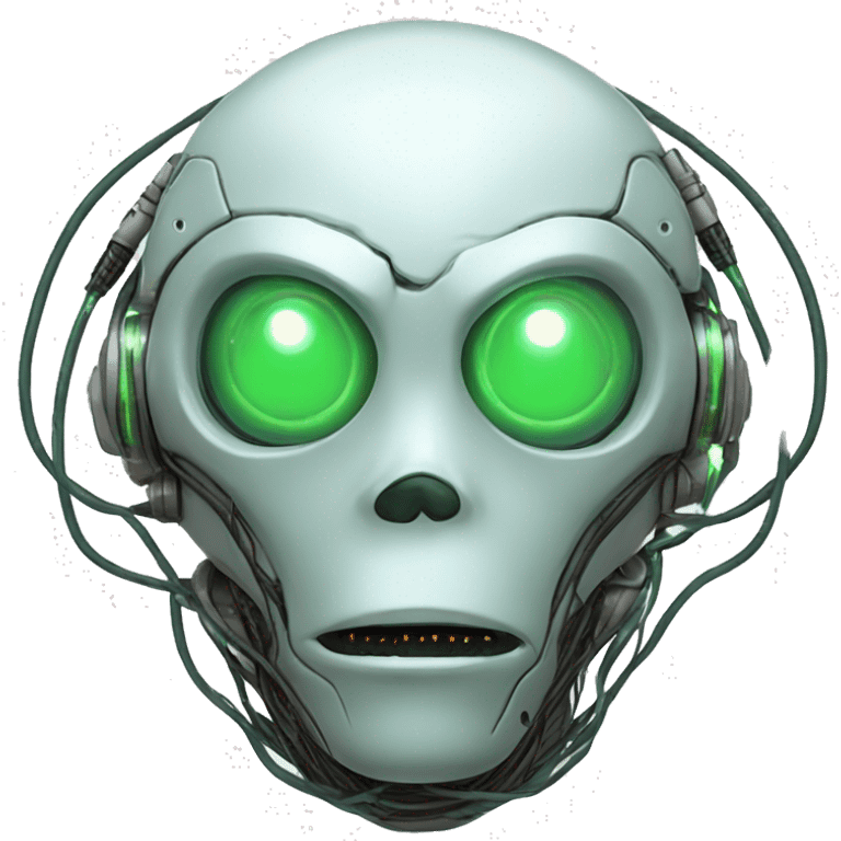 Round Alien cyborg head with glowing wires and green eyes  emoji