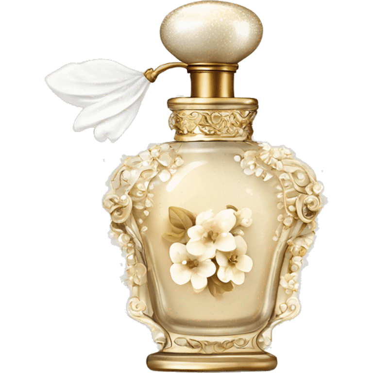 Vintage perfume bottle in antique Greek style, white and beige, oil perfume inside, sequins and flowers fluttering around emoji