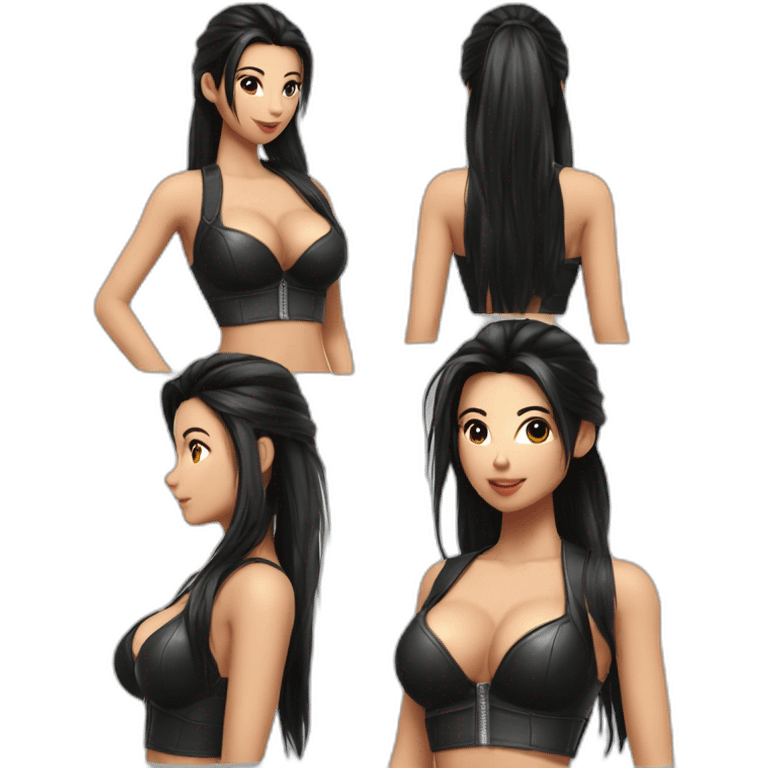 sexy; leather bra; seductive girl; black long ponytail hair; emoji