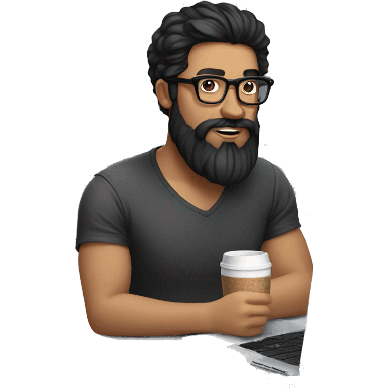 Designer with black hair, beard and glasses working with MacBook and drinking cappuccino with girl snger emoji