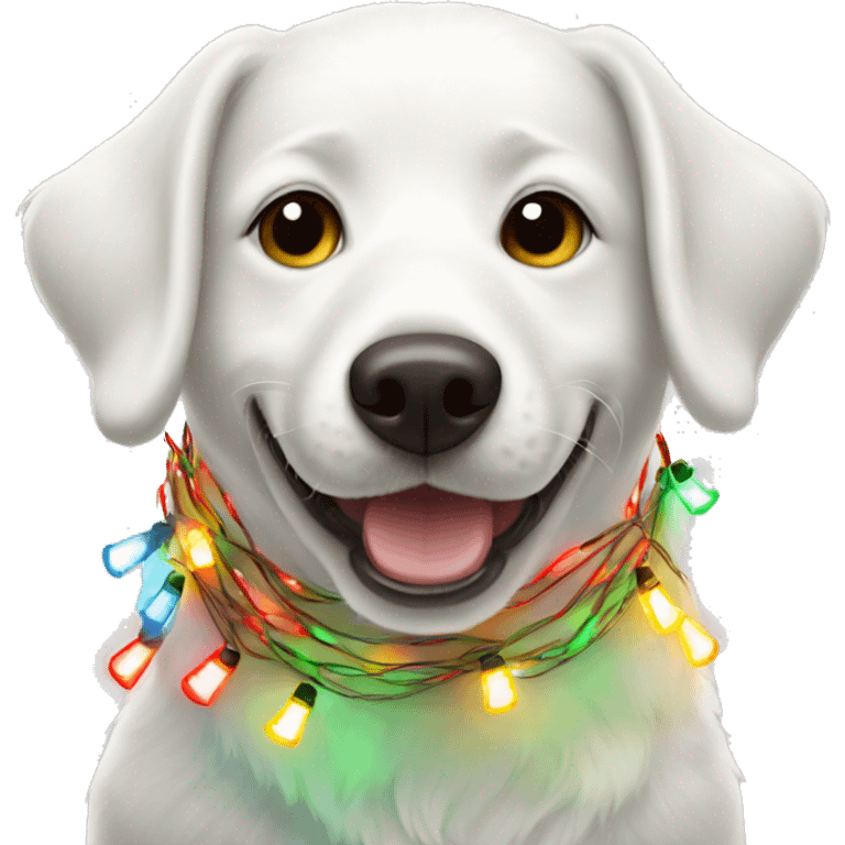 happy white dog wrapped in christmas lights emoji