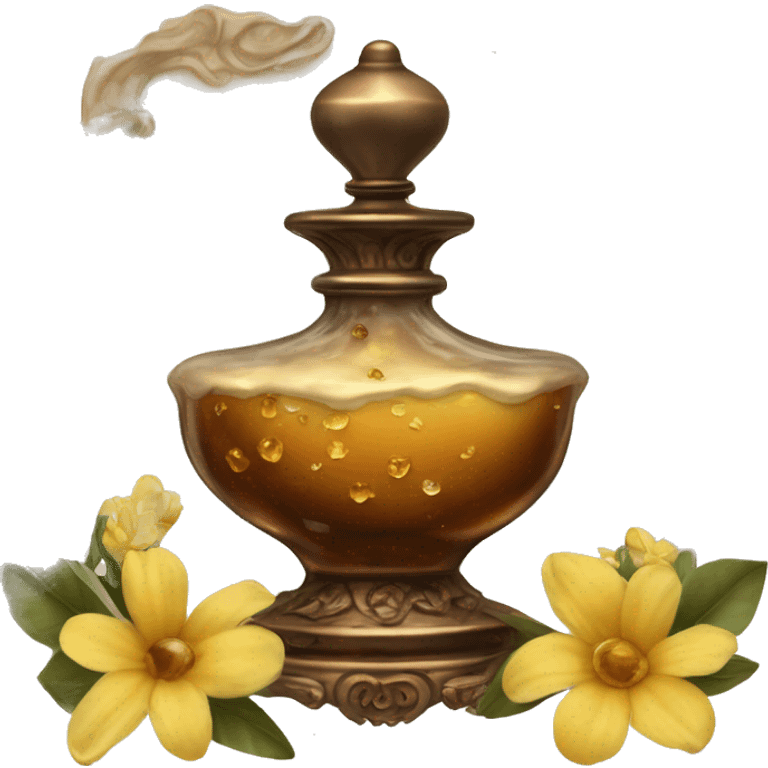 An antique perfume bottle with oil made of bronze and brown crystals, from which white cream and coffee milk flow, yellow flowers of fragrant vanilla lie next to it emoji