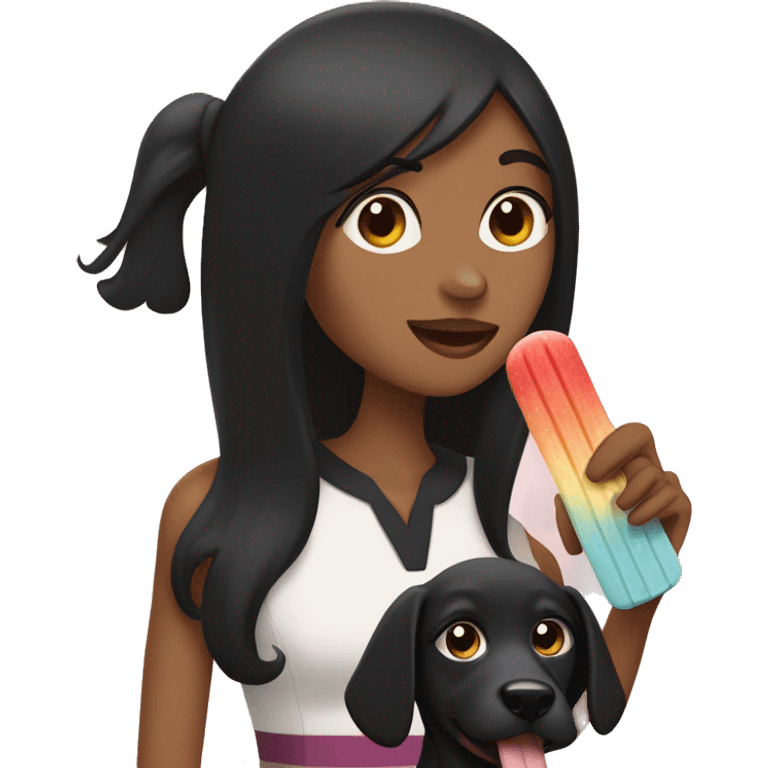 A woman with long straight black hair, brown eyes, holding a black dog and a ice popsicle in the other hand  emoji