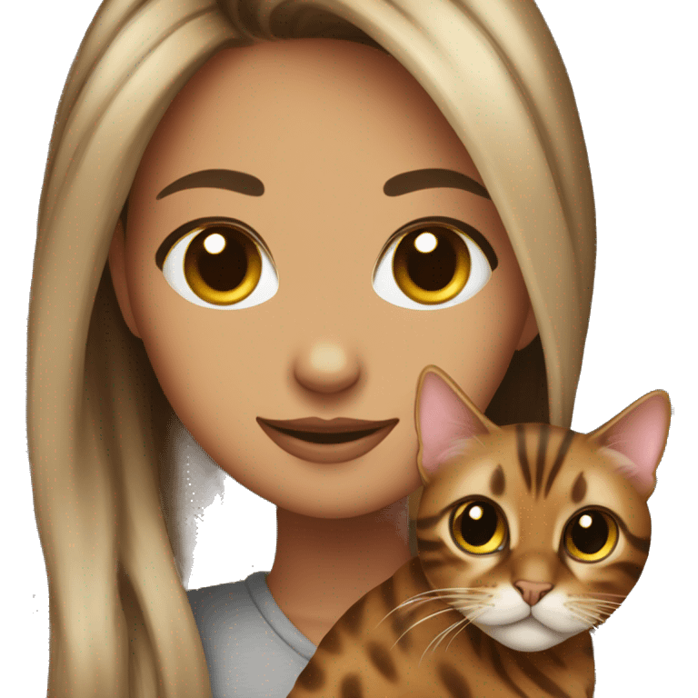 Beautiful woman long dark brown hair hug bengal cat emoji