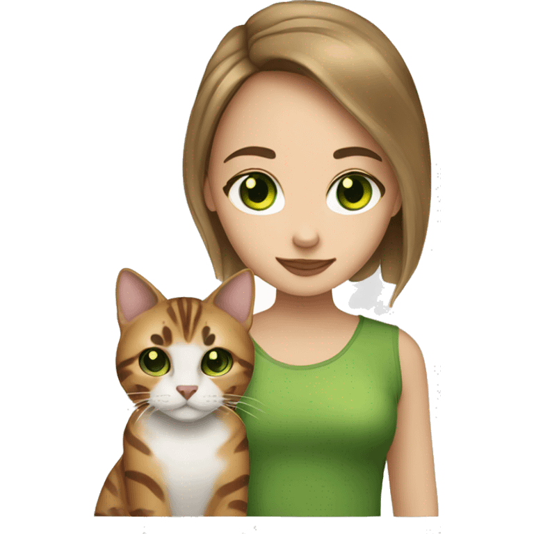 White skin girl with brown hair and a bengal cat with green eyes emoji