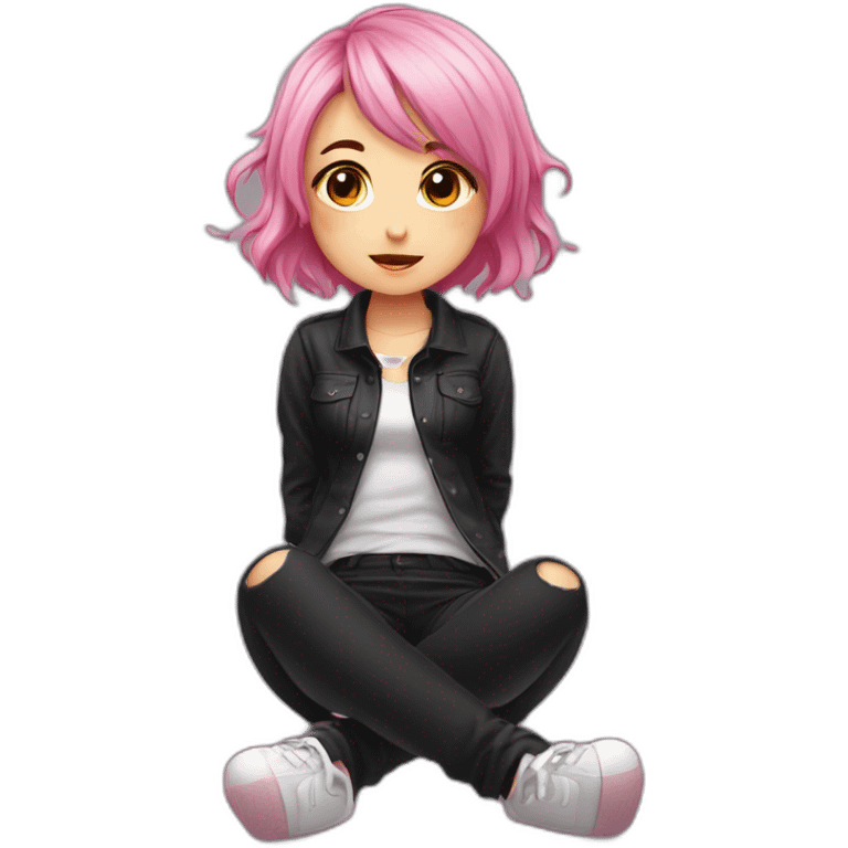 Full body Front view curvy emo girl pink hair sits on the floor straight view hands up black skirt белые трусики emoji