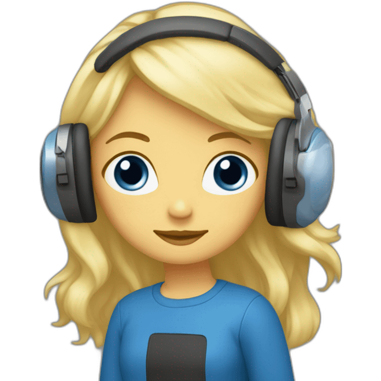 Femme aux yeux bleus, cheveux longs et blonds, avec un casque musique emoji