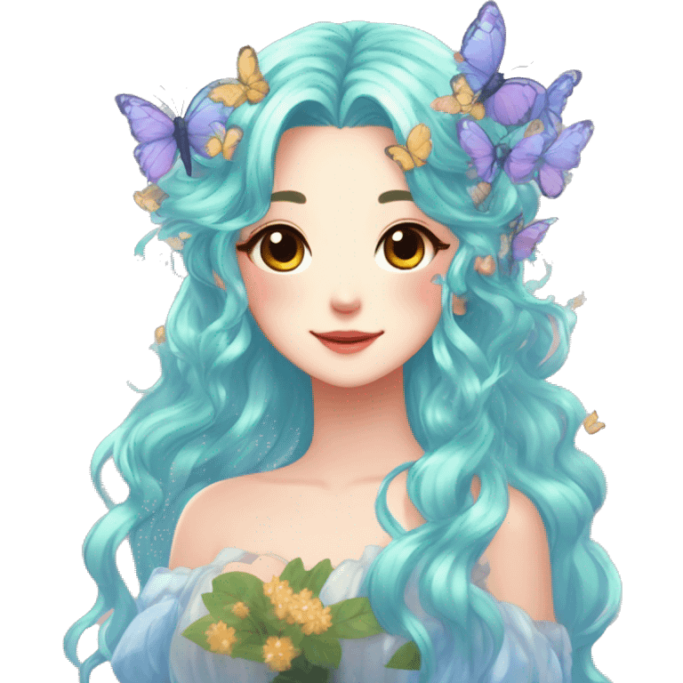 gorgeous shiny anime lady with butterflies and beautiful hair fairycore cottagecore emoji