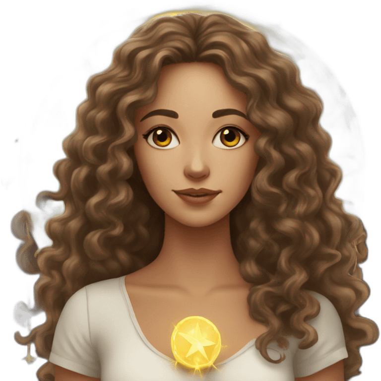 white young woman with long brown curls and a tarot card that have a golden star on it emoji