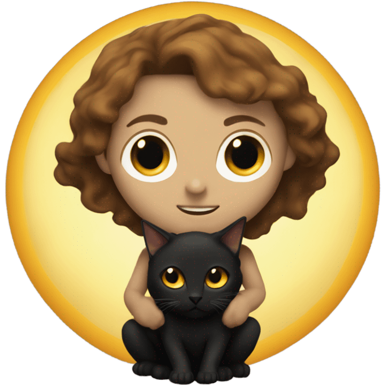 A sun warlock who is pale with brown hair and is holding a black kitten emoji