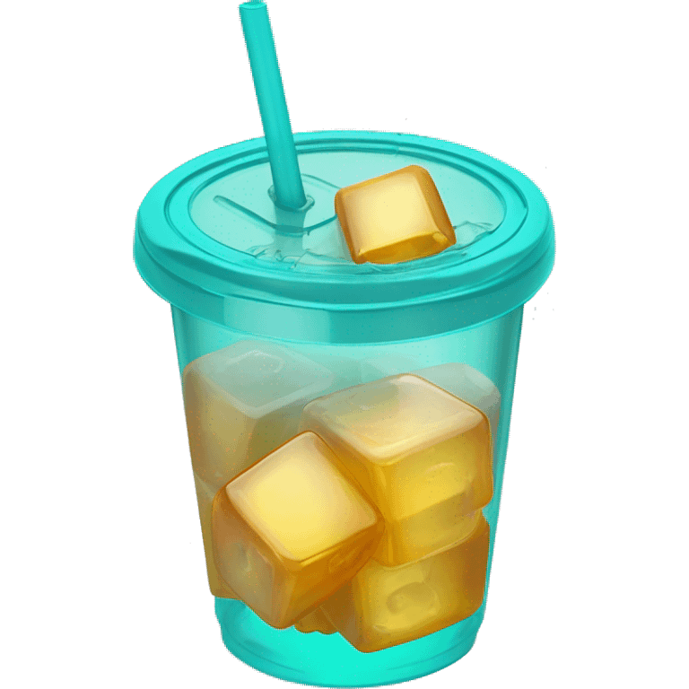 Realistic plastic cup and lid with Transluscent turquoise and large ice cubes inside and one straw through the top of the lid. emoji