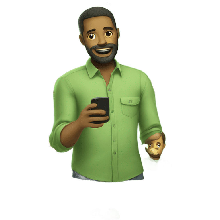 man in a green button up shirt with a beard scrolling his phone emoji