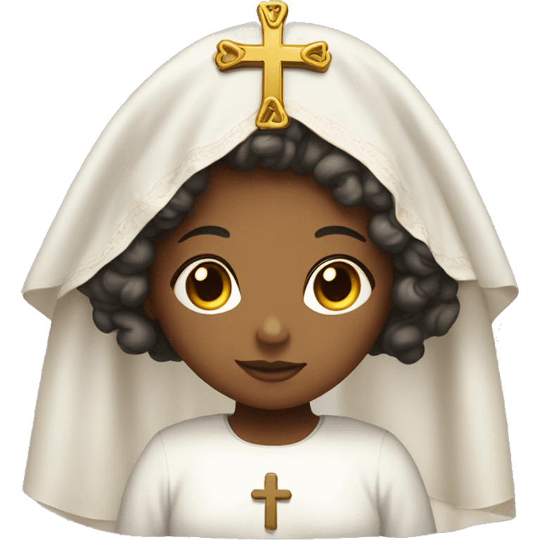 Catholic girl with curly hair and veil over her hair, a cross in the cheast  emoji