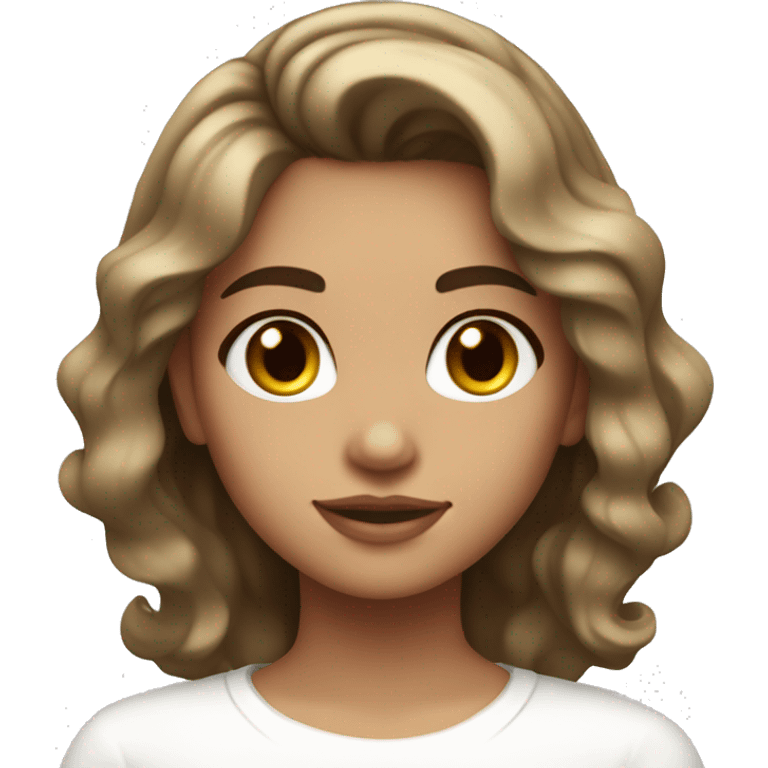 girl with short wavy hair and highlights, brown eyes and white clothes next to a white barrette emoji