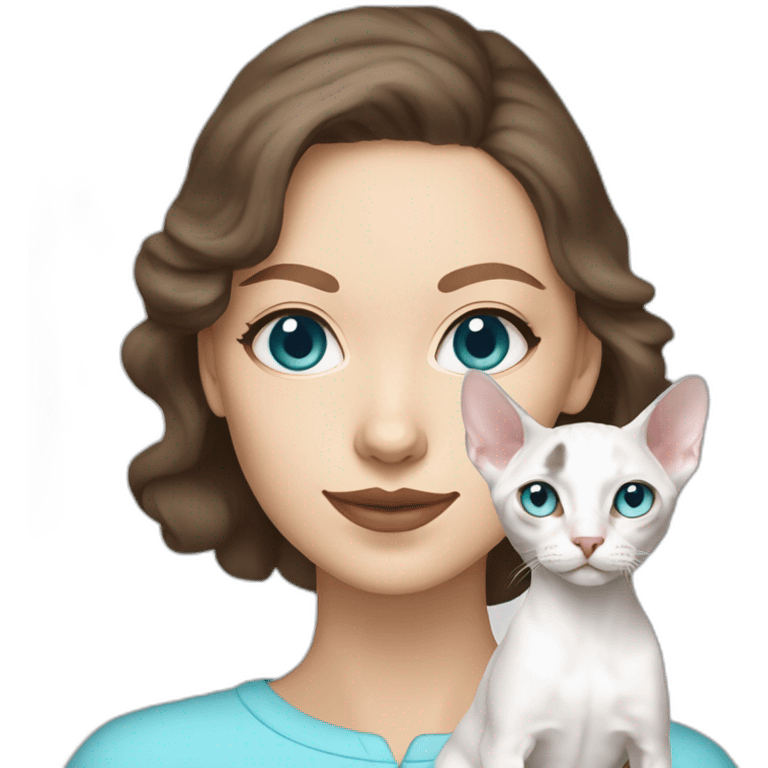 White brunette woman holding slim white devon rex with light blue eyes emoji