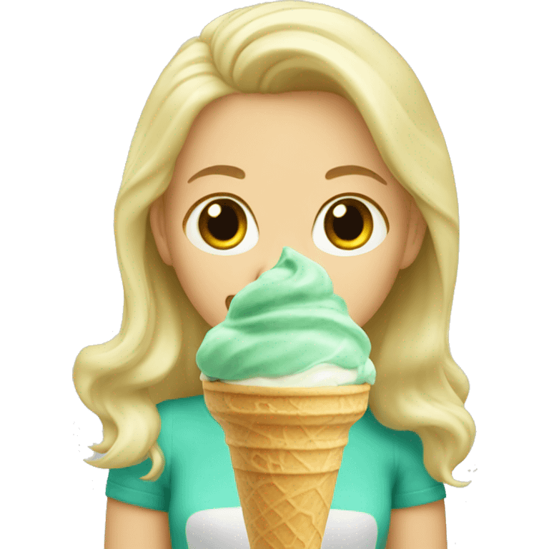 Blonde girl eating mint ice cream emoji