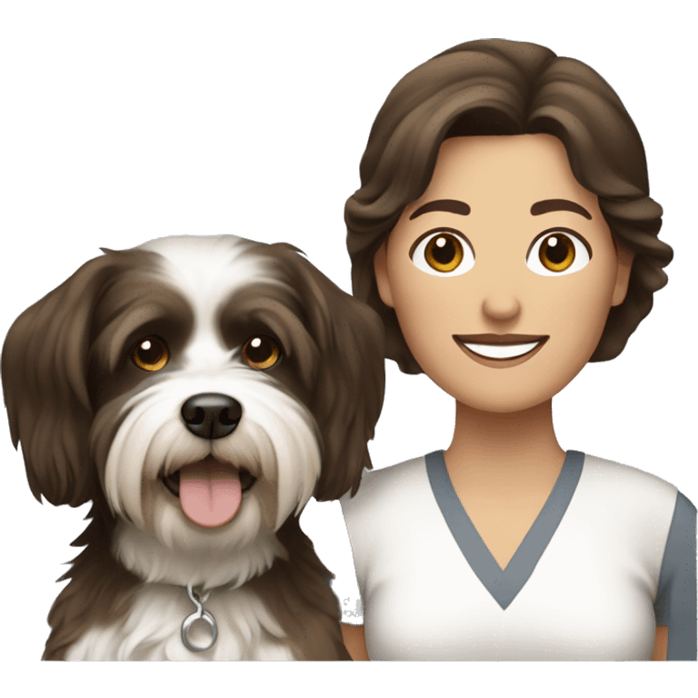 tan middle aged woman with brown hair, with black and white havanese dog emoji