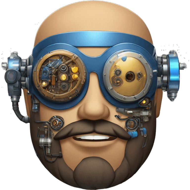 Bearded Fat bald cyborg head with brown skin, blue steampunk goggles and circuits emoji