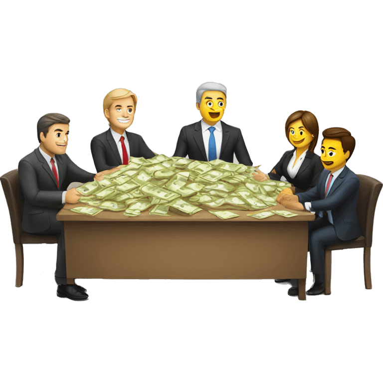 Group of business people sitting around a big table. A sack of cash is in the middle of the table emoji