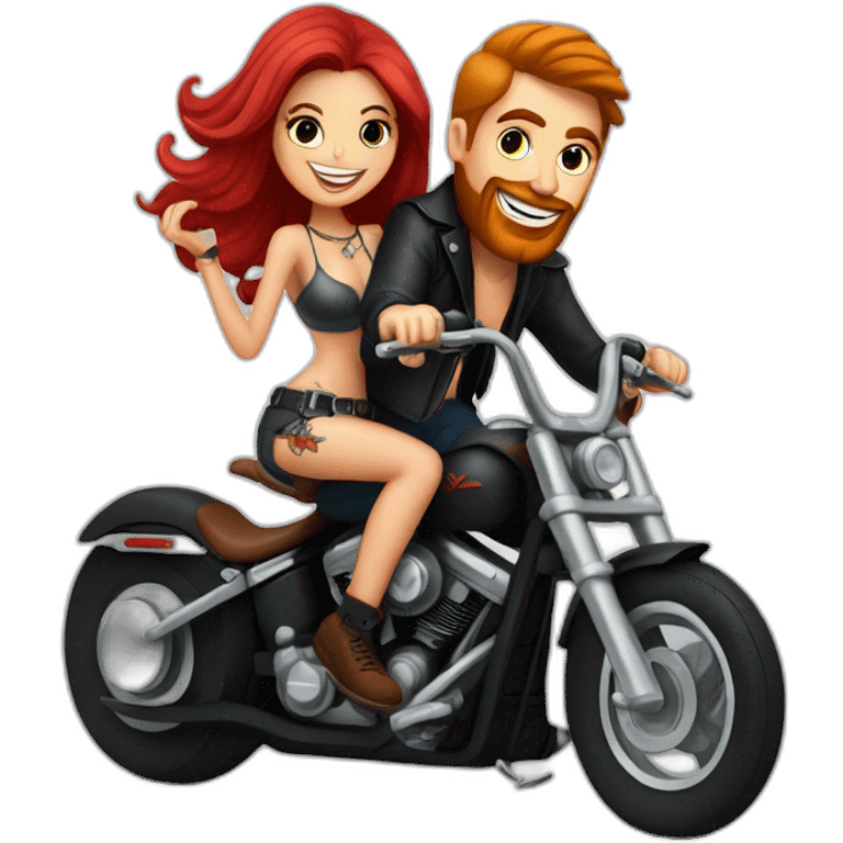 Guy with tattoos and long dark hair riding a Harley chopper motorcycle with a pretty red haired girlfriend on the back  emoji