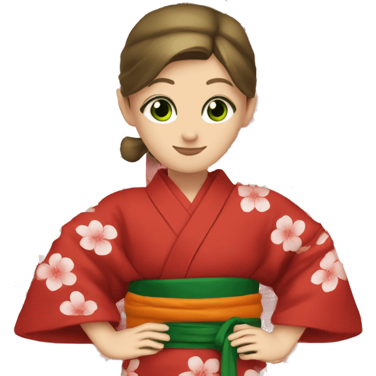 Red kimono. Green eyes. Writing  emoji