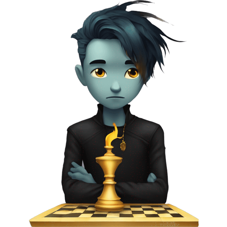 Hamlet young skinny sad man iridescent hair wearing raven feathers with a gilded hourglass and golden flames yin yang chess board emoji