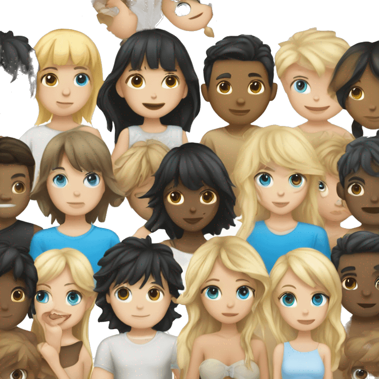 Tan skin girl with black hair and bangs, white skin boy with blonde hair and blue eyes, kissing emoji