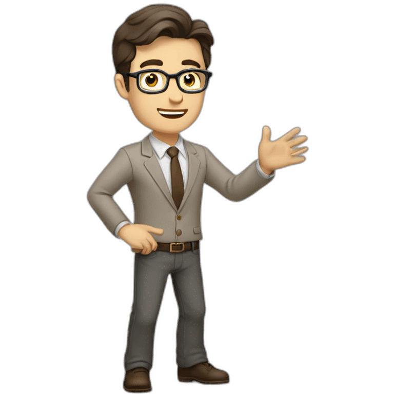 To belt Actively gesturing with hands Pale skinned fit man with dark brown hair in gray jacket, beige office shirt, brown tie, brown pants and vintage glasses. emoji